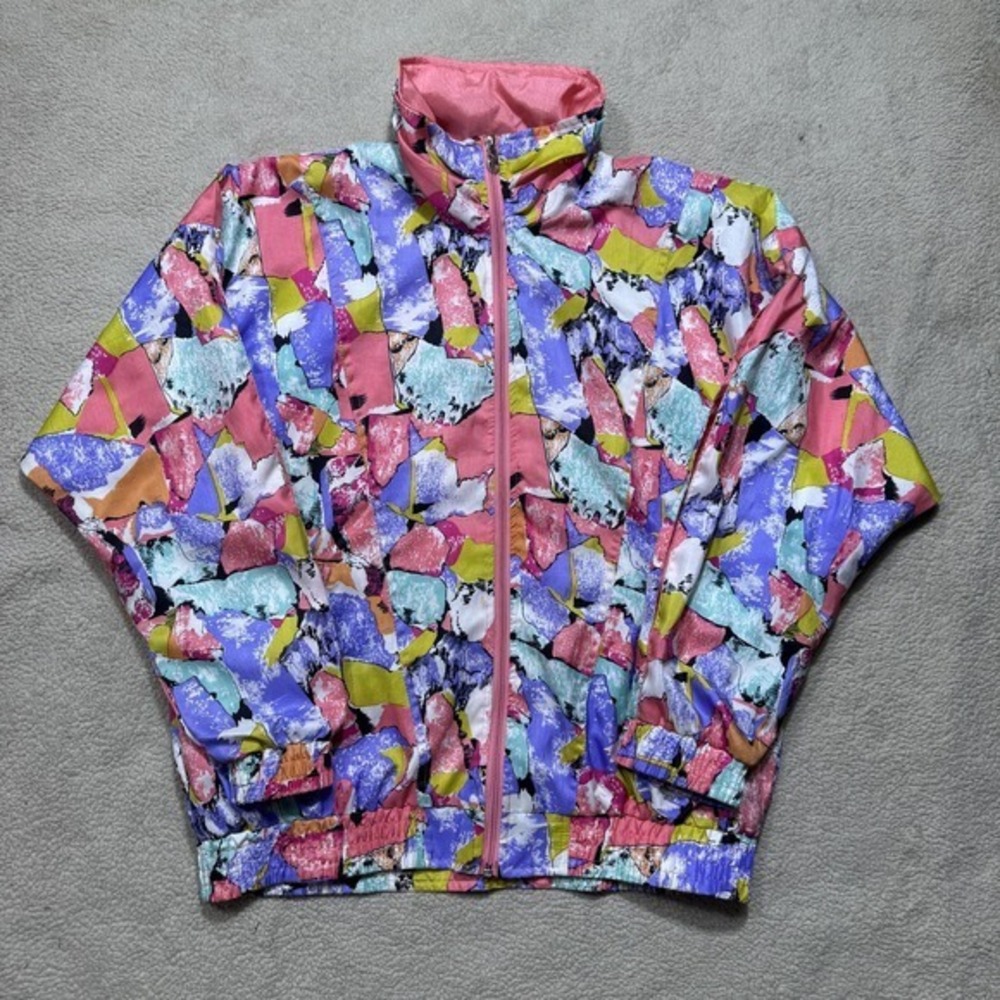 Vintage Lavon Jacket Womens Small Multicolor Abstract Windbreaker Coat 80s Retro